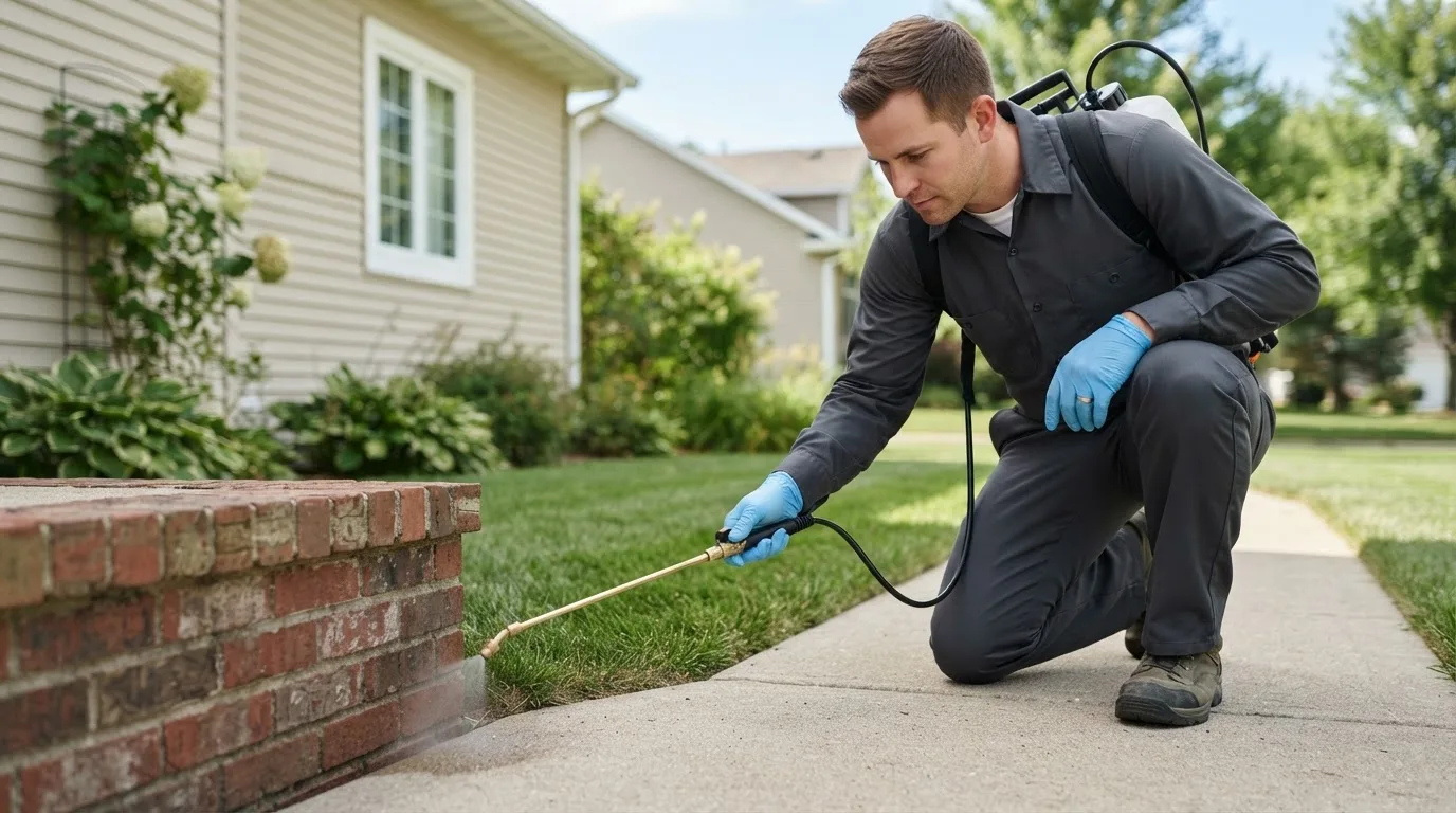 Pest control technician treating a home near Brookville, OH
