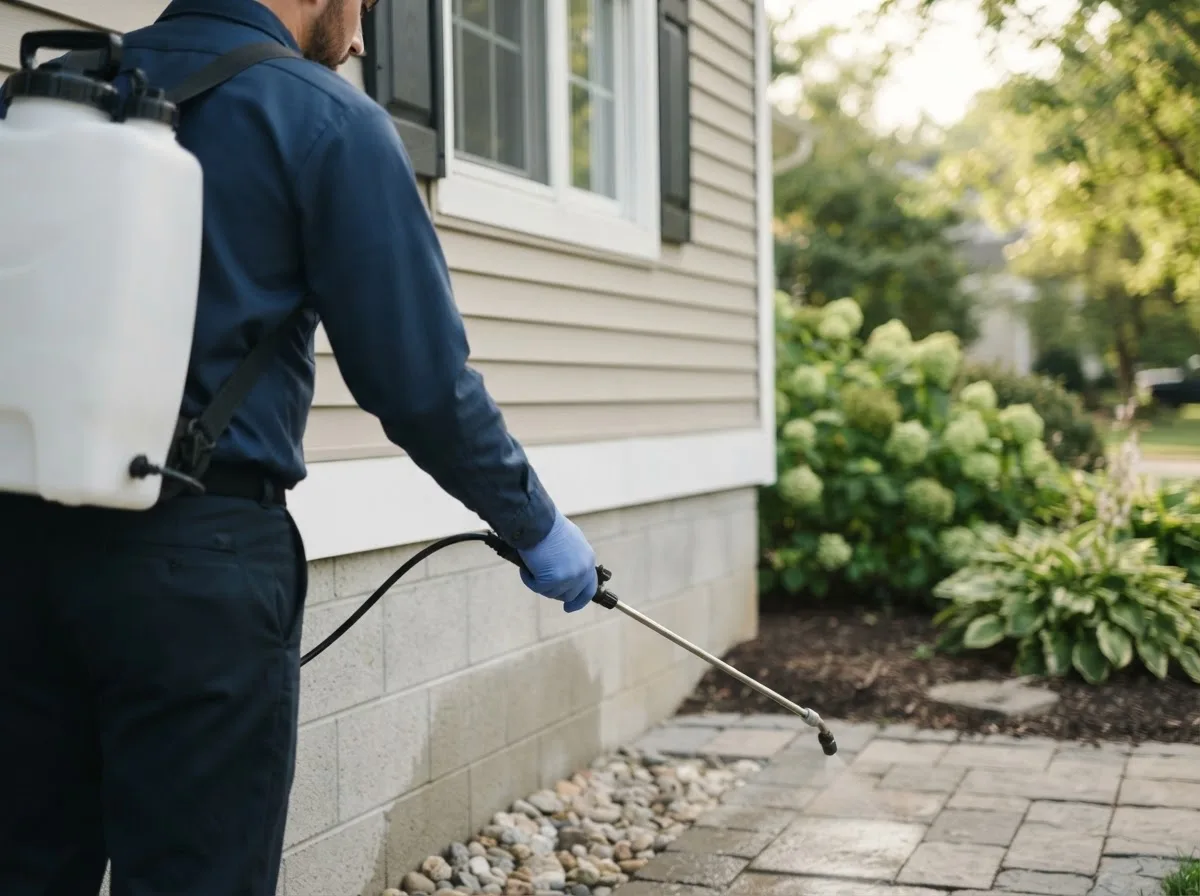 Pest control technician inspecting a home in Brookville, OH